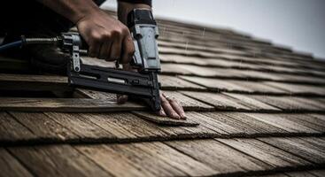 Roofer Installing Wooden Shingles with a Nail Gun on a Residential Roof photo