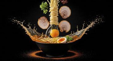 Dynamic ramen ingredients assembling into a bowl with a dramatic broth splash photo