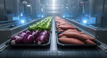 Fresh Bell Peppers, Onions, and Sweet Potatoes on Automated Factory Conveyor Belt photo