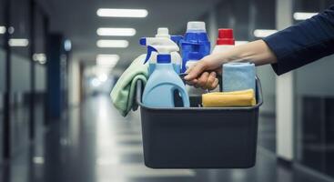 Hand holding a cleaning caddy with various supplies in a modern office hallway photo
