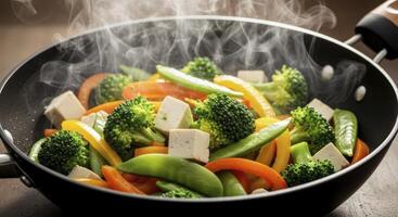 Steaming colorful vegetable and tofu stir fry cooking in a black wok for a healthy meal photo