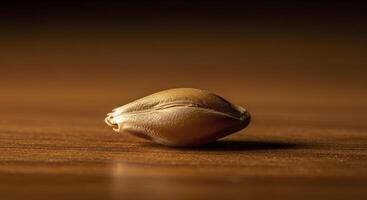 Macro photograph of a single perfect barley grain resting on a smooth dark wood surface. photo