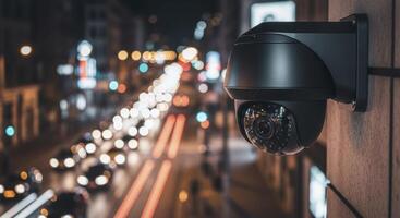 Modern Black Dome Security Camera Monitoring a Busy City Street with Light Trails at Night photo