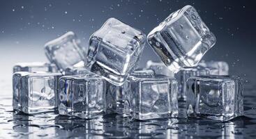 Translucent ice cubes with water droplets falling and resting on a wet reflective surface photo