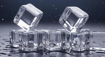 Translucent ice cubes with water droplets on a dark surface for a refreshing concept photo