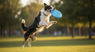 Energetic Border Collie Dog Leaping High to Catch a Blue Frisbee in a Sunny Park photo
