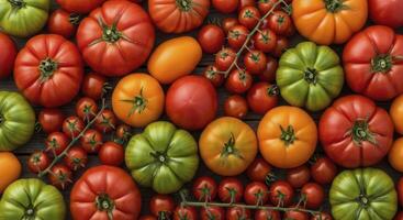 Colorful Assortment of Fresh Ripe and Unripe Tomatoes Including Cherry and Heirloom Varieties photo