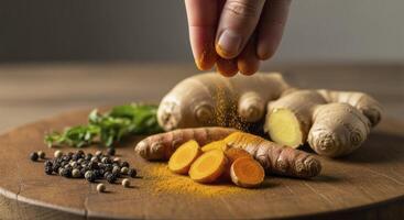 Hand Sprinkling Turmeric Powder Over Ginger and Turmeric Roots with Spices photo