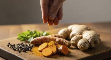 Hand Sprinkling Ground Turmeric Powder with Fresh Spices on a Wooden Board photo