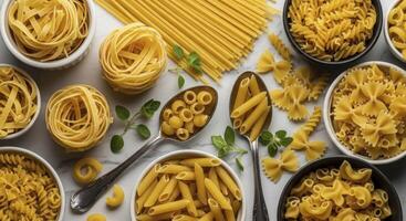Overhead View of Various Dry Pasta Types Arranged with Oregano on a Light Surface photo