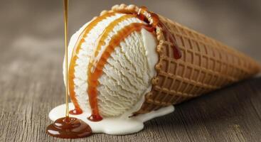 Vanilla ice cream scoop in a waffle cone with caramel sauce dripping on wood photo