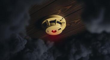 Vintage Smoke Detector with Red Light Blinking on Wooden Ceiling Amidst Smoke photo