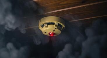 Vintage Smoke Detector with Red Light Blinking Amidst Smoke on a Wooden Ceiling photo