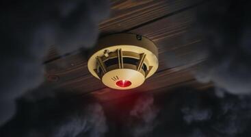 Smoke Detector with Red Light and Dark Smoke on a Wooden Ceiling photo
