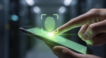 Finger touching smartphone screen with glowing fingerprint for biometric security and digital access. photo