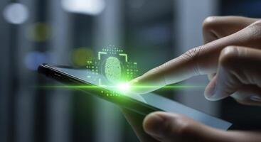 Fingerprint scan on smartphone for secure digital authentication and data protection photo