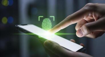 Fingerprint Scan on Smartphone Screen for Biometric Security and Digital Authentication photo