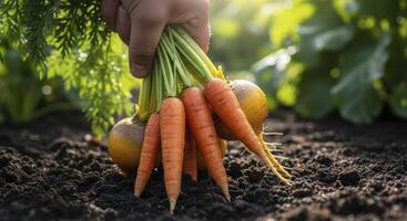 Hand harvesting fresh organic carrots and a turnip from rich garden soil photo