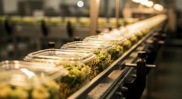 Automated food packaging line with fresh meals moving on a factory conveyor belt photo
