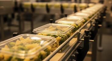 Automated food packaging line with clear plastic containers of colorful pasta in a factory photo