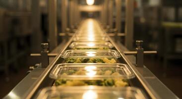 Automated food packaging line with fresh vegetables in plastic containers at a modern factory photo