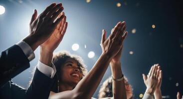Enthusiastic audience clapping hands at a celebratory event under bright stage lights photo