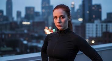 Confident Red Haired Woman in Athletic Wear on City Rooftop at Dusk photo