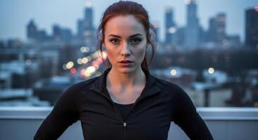 Determined young woman in athletic wear on a city rooftop with urban skyline at dusk photo
