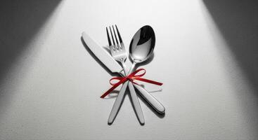 Polished stainless steel cutlery set with red ribbon for elegant dining and special occasions photo