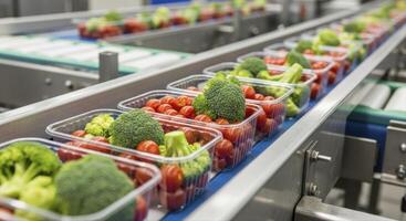 Fresh broccoli and cherry tomatoes packaged on an automated conveyor belt in a food factory. photo