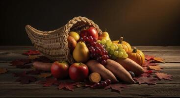 Woven Cornucopia Basket Overflowing with Autumn Harvest Fruits and Vegetables photo