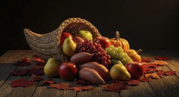 Traditional Cornucopia Basket Overflowing with Autumn Harvest Fruits and Vegetables on Wood photo