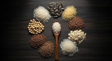 Various healthy grains and seeds arranged in a circle with a wooden spoon on a dark surface photo