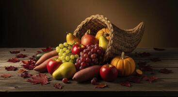 Traditional cornucopia overflowing with autumn harvest fruits and vegetables on a rustic wooden table photo