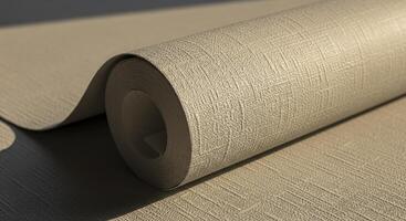 Roll of light gray textured wallpaper partially unrolled for home interior design photo