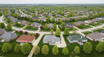 Aerial view of a sprawling suburban residential neighborhood with many houses photo