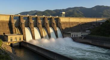 Large concrete dam with powerful water release from spillways for hydroelectric power generation. photo