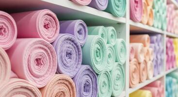 Rows of neatly stacked pastel fabric rolls on shelves in a textile store or warehouse photo
