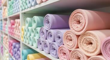 Colorful Rolls of Pastel Fabric Neatly Stacked on Shelves in a Textile Store photo