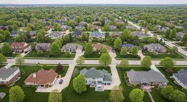 Aerial view of a sprawling suburban residential neighborhood with many houses and green trees photo
