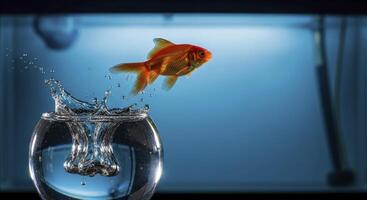 Vibrant orange goldfish leaping out of a glass fishbowl with dynamic water splash photo