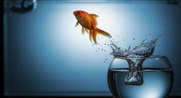 Vibrant orange goldfish leaping from a glass fishbowl with a dynamic water splash photo