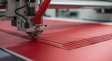 Precision industrial machine cutting red material sheets with automated technology photo
