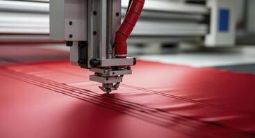 Precision cutting machine working on red material in an automated industrial manufacturing process photo