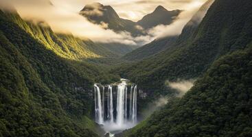 Majestic waterfall cascading through a lush green mountain valley at golden hour photo