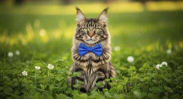 Majestic brown tabby Maine cat with green eyes and blue bow tie in a clover field photo
