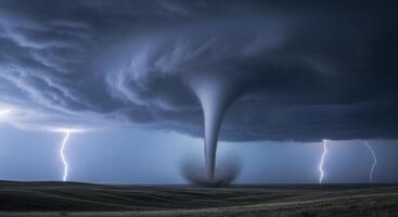 Colossal Tornado with Swirling Funnel Cloud and Lightning Strikes Over Open Field photo