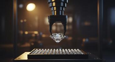 Robotic Arm Holding a Large Brilliant Cut Diamond Above a Tray of Gems photo