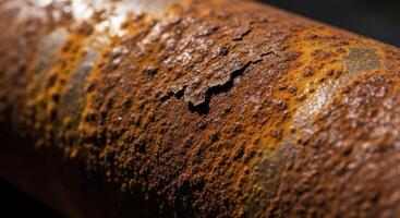 Macro view of extreme rust and corrosion on an old metal pipe surface showing decay photo