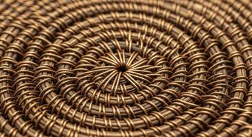 Intricate woven spiral pattern of natural brown fibers creating a detailed texture photo